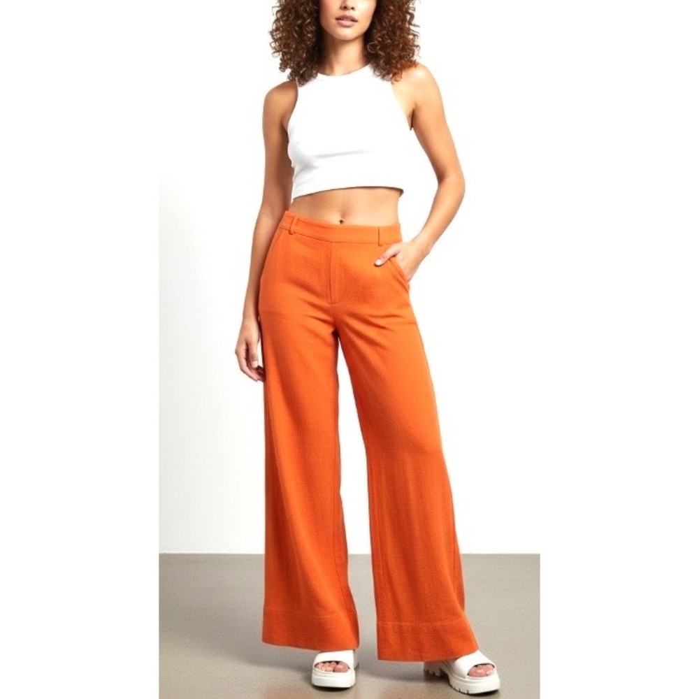 Solid & Striped Tangerine Orange Wide Leg Textured Trousers SP22-514TNG-R Large